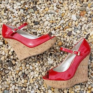 Guess Red Patent Peep-Toe Wedge